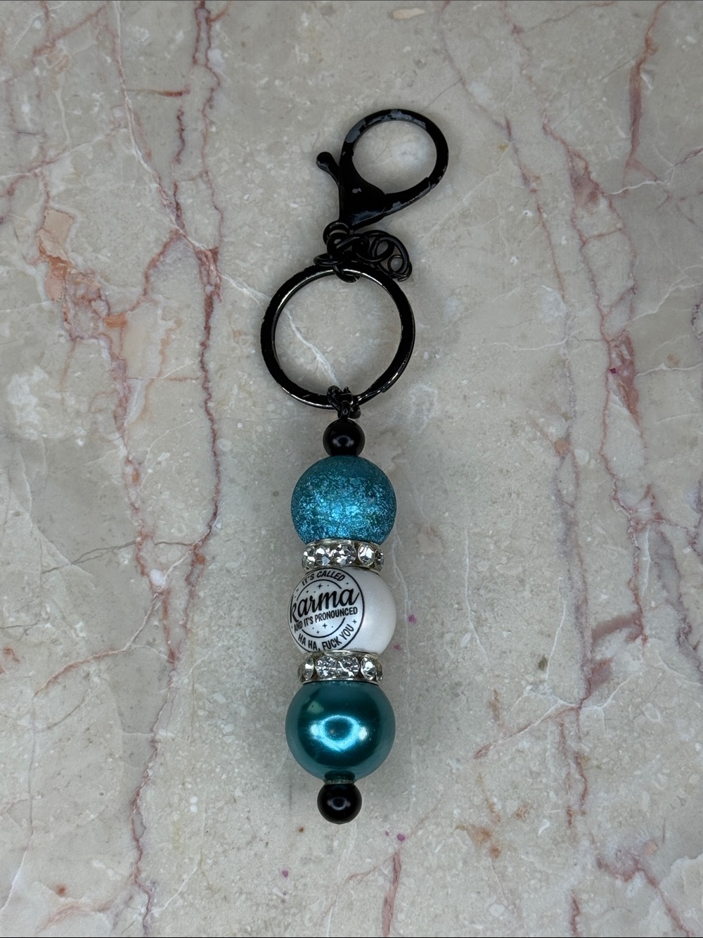 Beaded 'Karma' Keychain Charm in Teal and White